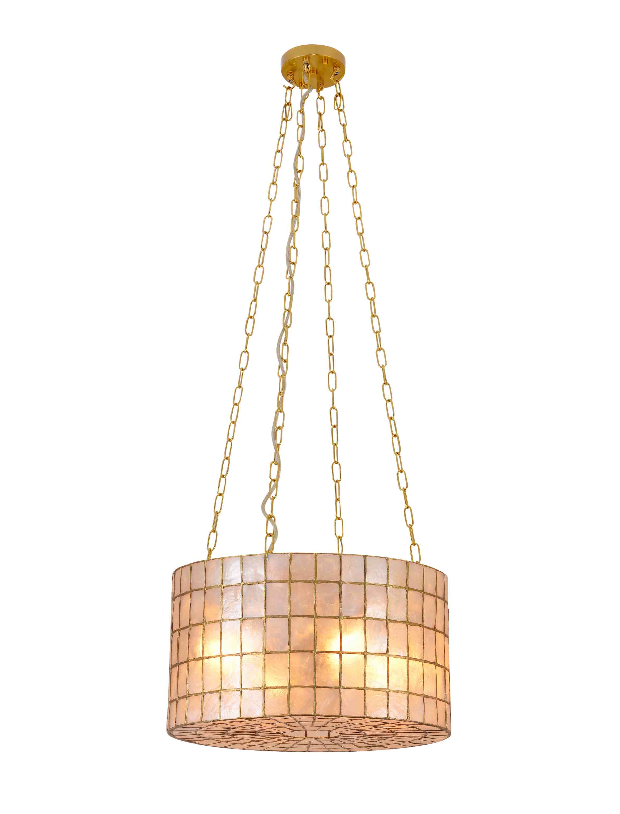 Capiz Shell Drum Chandelier with Gold Chains