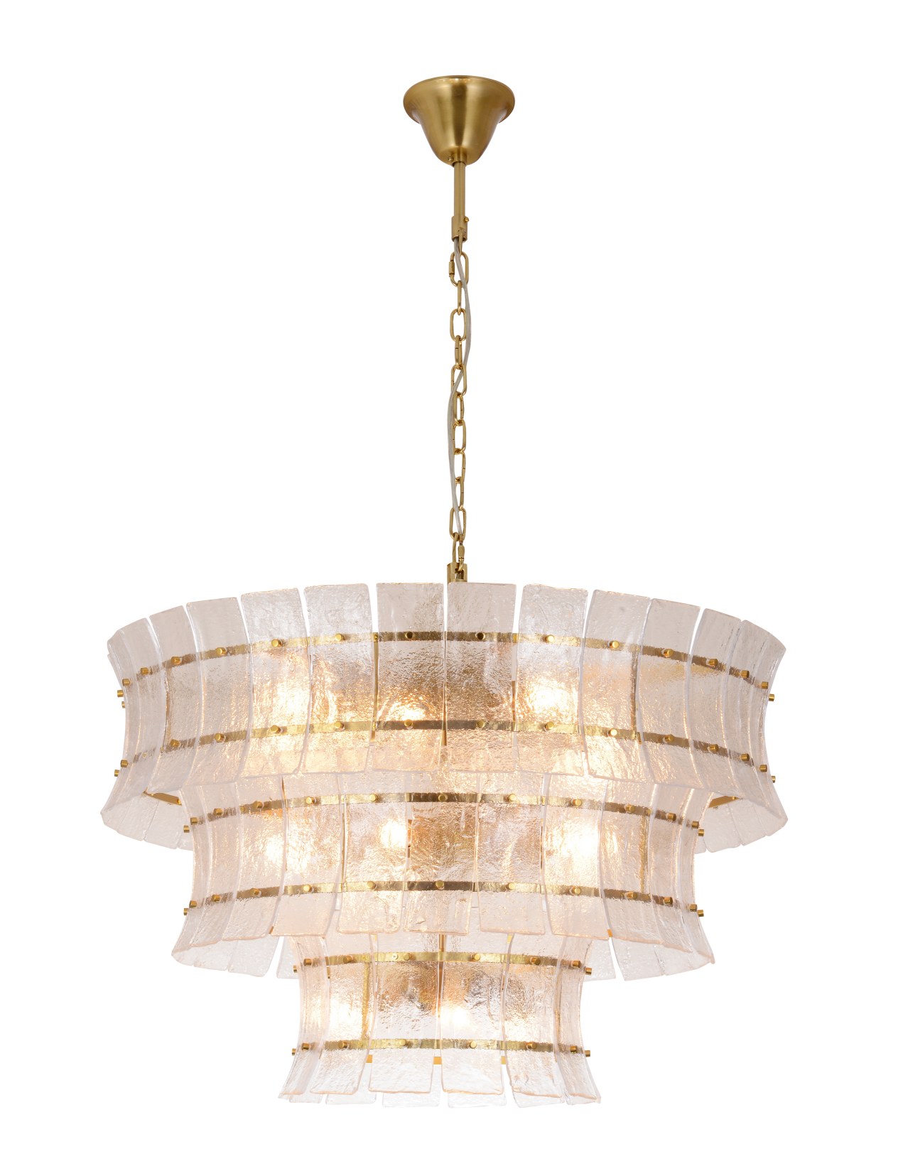 Three‑Tier Hammered Textured Glass Brass Chandelier